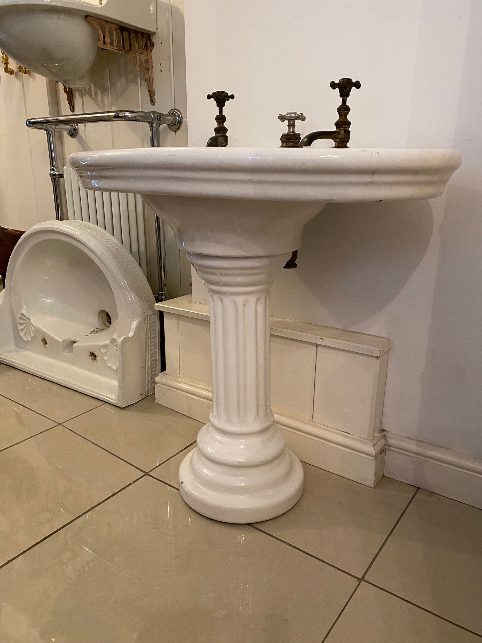 Turn of the Century French Antique Fireclay Basin & Pedestal C.1900 by J. Delafon, Paris