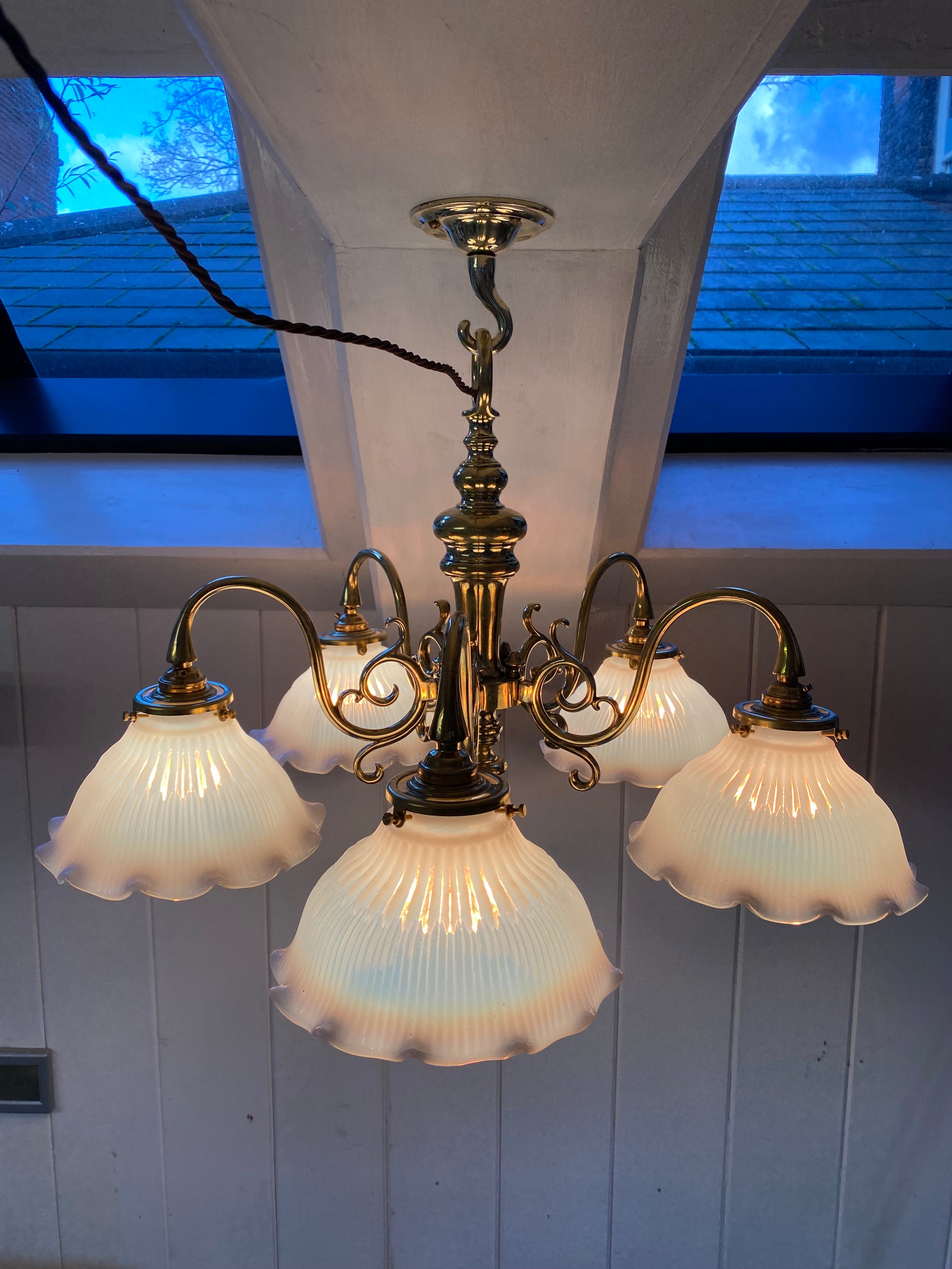 Vintage Brass Dutch 5 Arm Pendant Electrolier C.1920 with Holophane Style Vaseline Lampshades