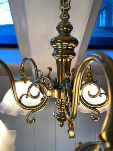 Vintage Brass Dutch 5 Arm Pendant Electrolier C.1920 with Holophane Style Vaseline Lampshades
