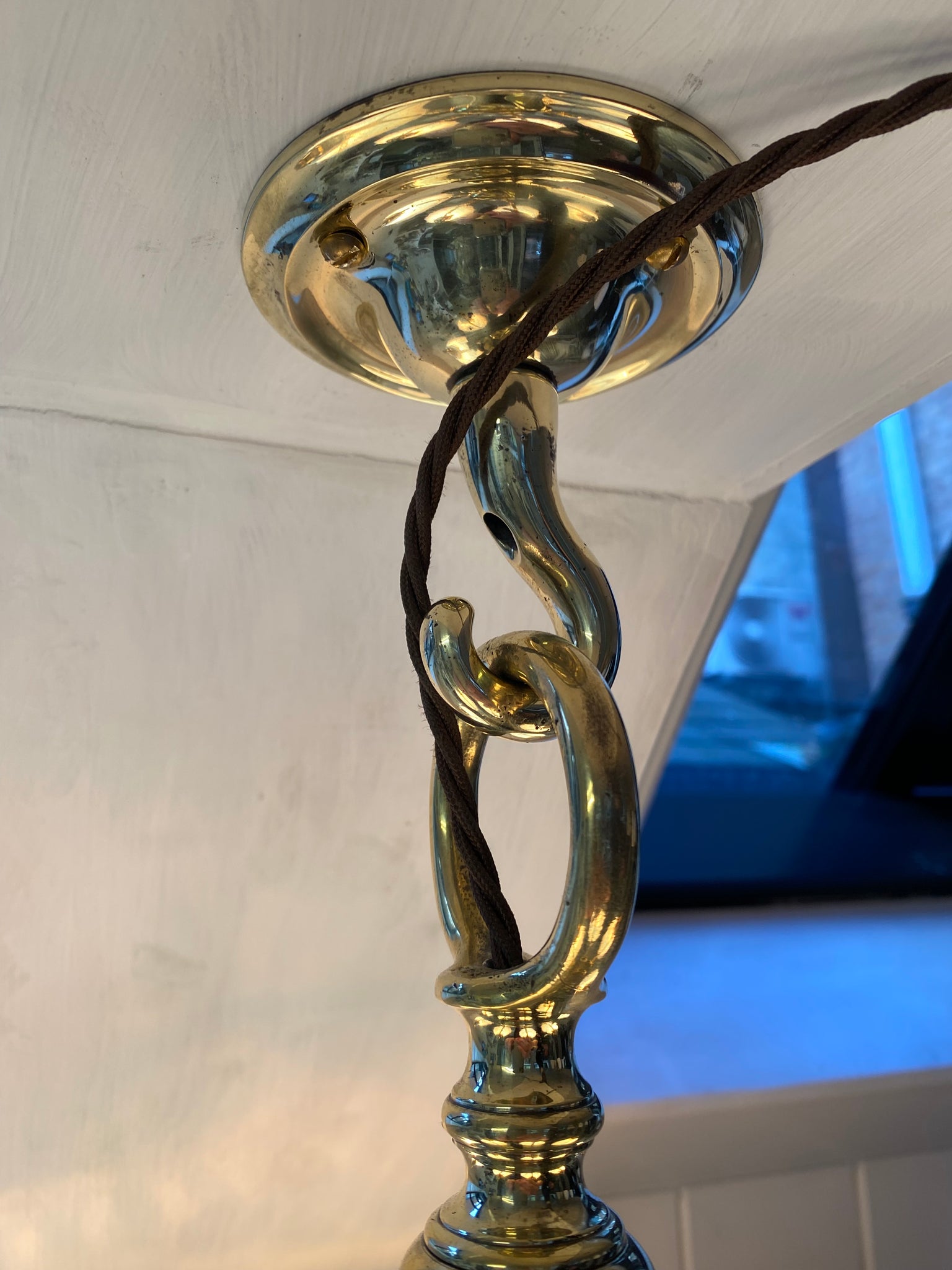 Vintage Brass Dutch 5 Arm Pendant Electrolier C.1920 with Holophane Style Vaseline Lampshades
