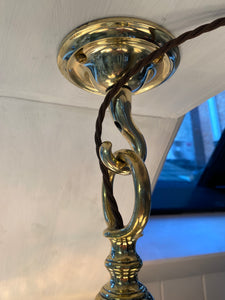 Vintage Brass Dutch 5 Arm Pendant Electrolier C.1920 with Holophane Style Vaseline Lampshades