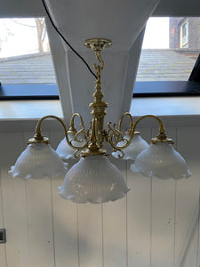 Vintage Brass Dutch 5 Arm Pendant Electrolier C.1920 with Holophane Style Vaseline Lampshades