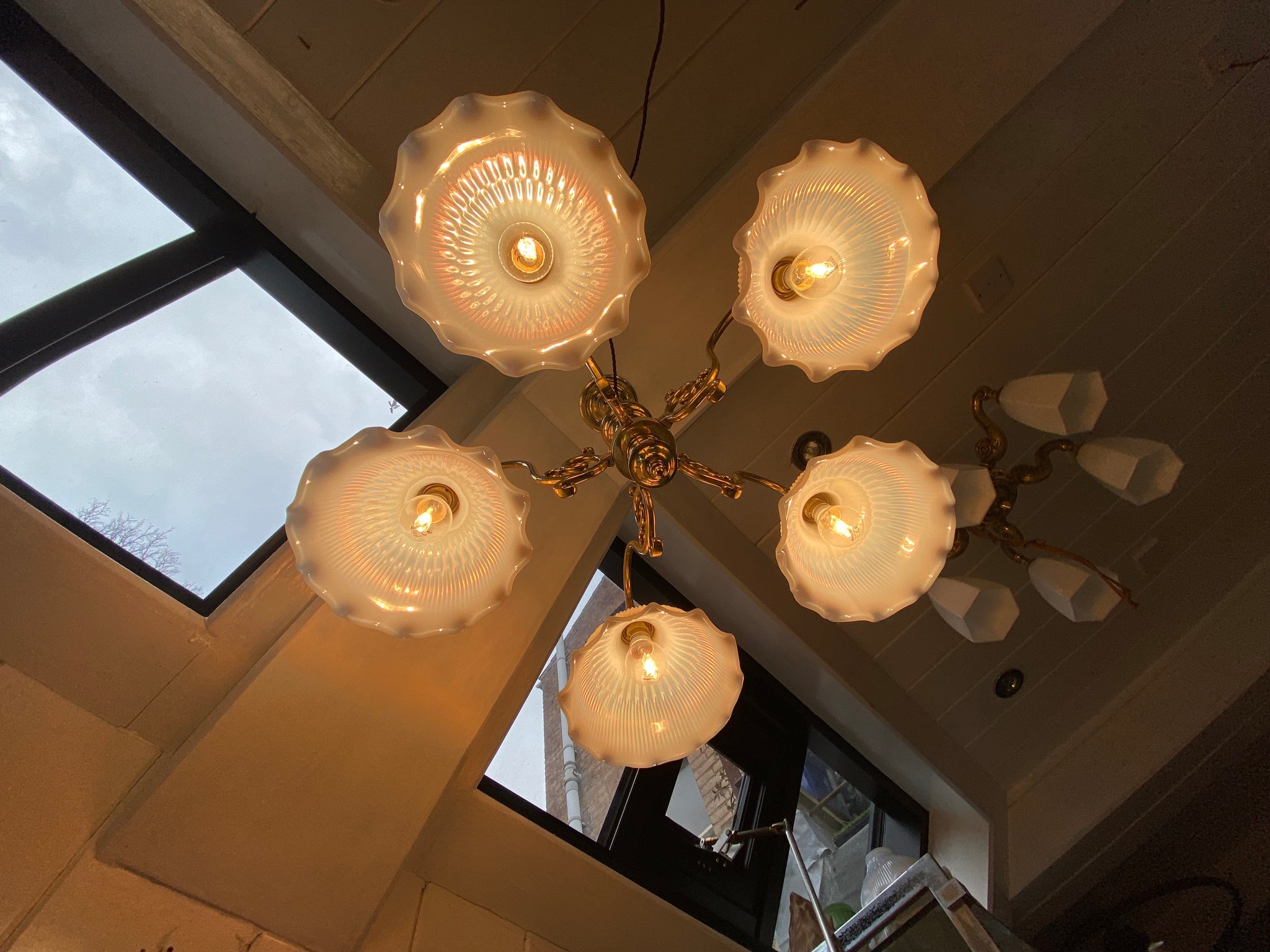 Vintage Brass Dutch 5 Arm Pendant Electrolier C.1920 with Holophane Style Vaseline Lampshades