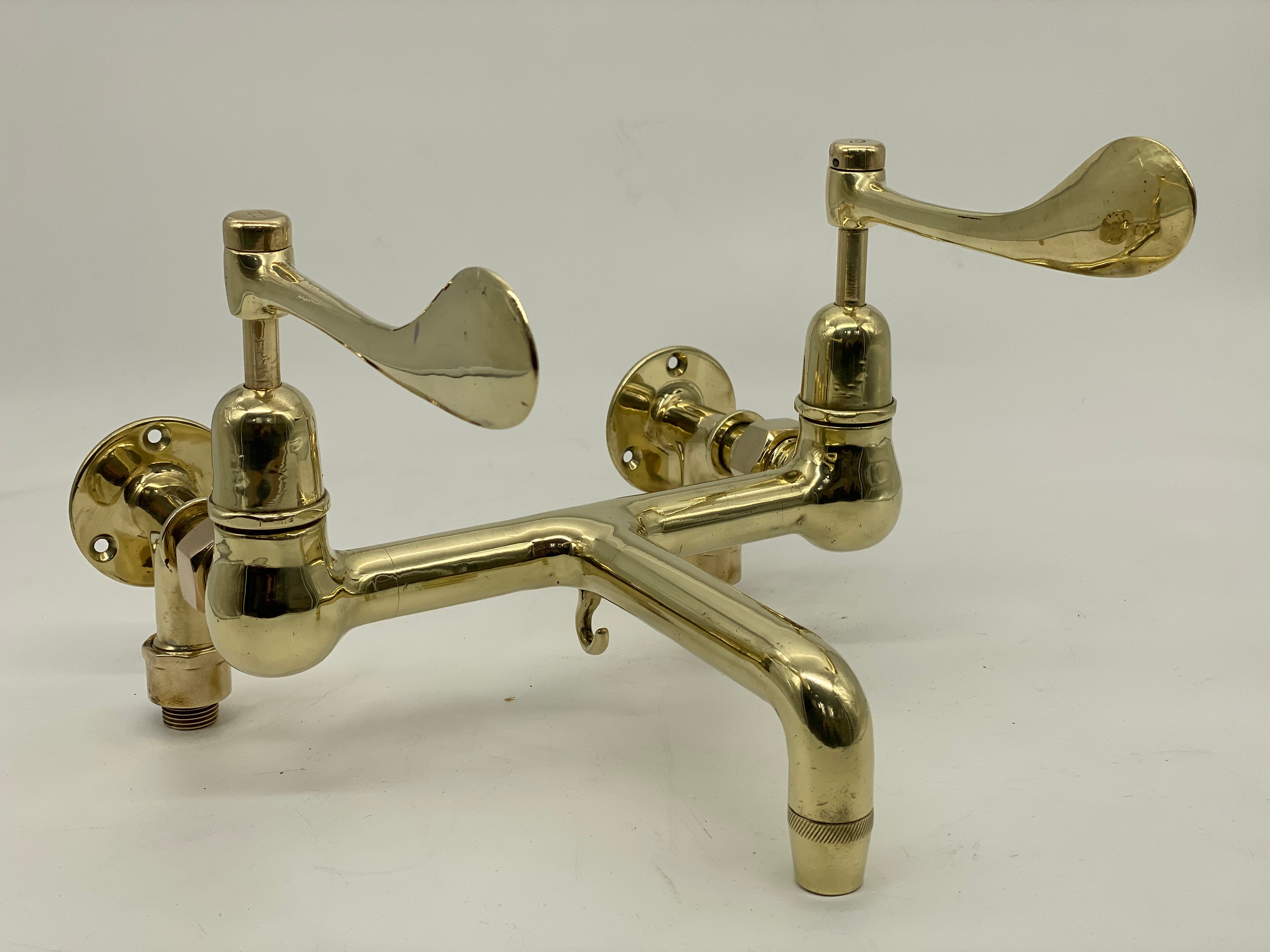 Wall-Fixing Lever-Operated Kitchen Mixer Tap in Unsealed Polished Brass C.1920