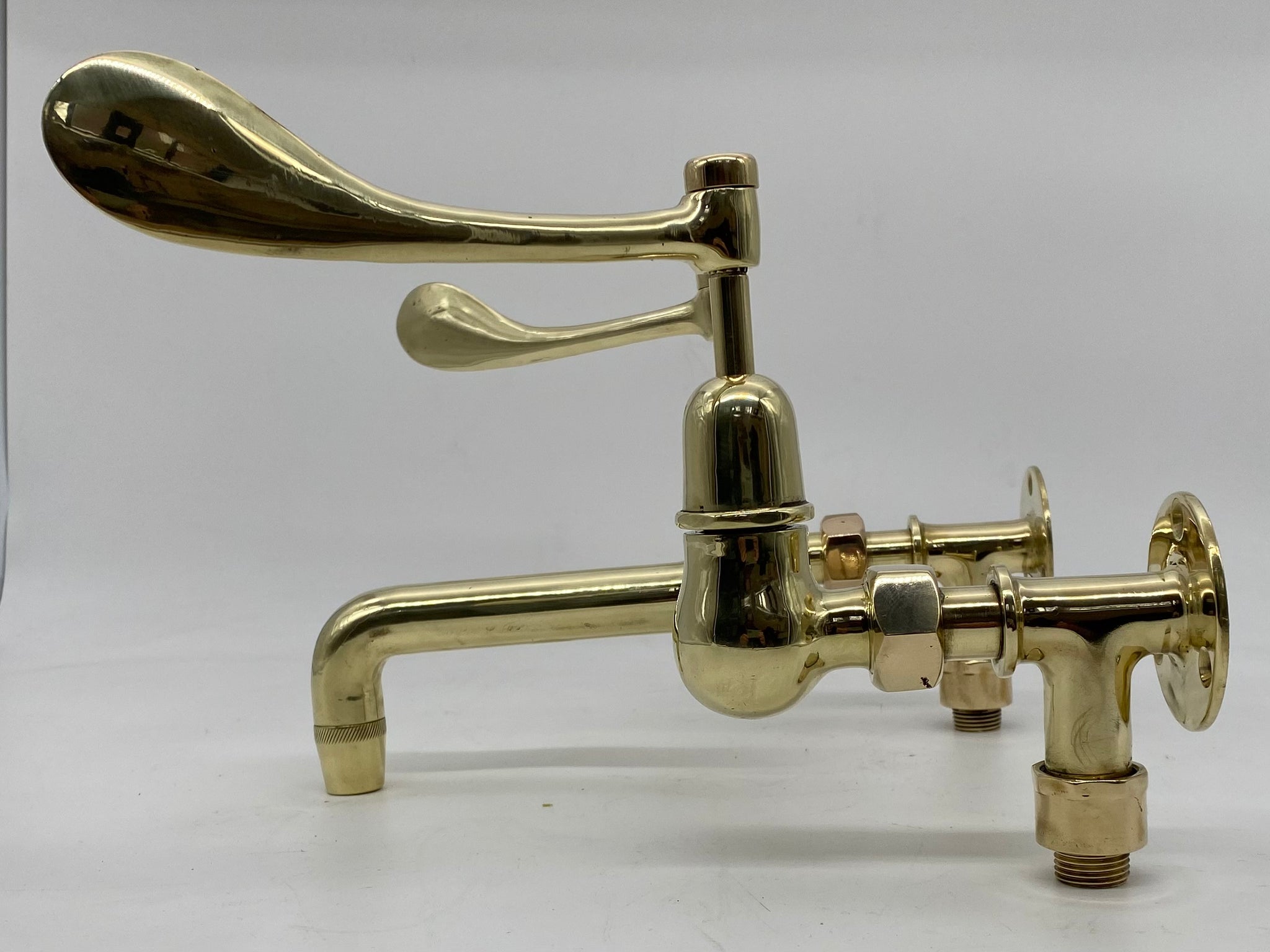 Wall-Fixing Lever-Operated Kitchen Mixer Tap in Unsealed Polished Brass C.1920