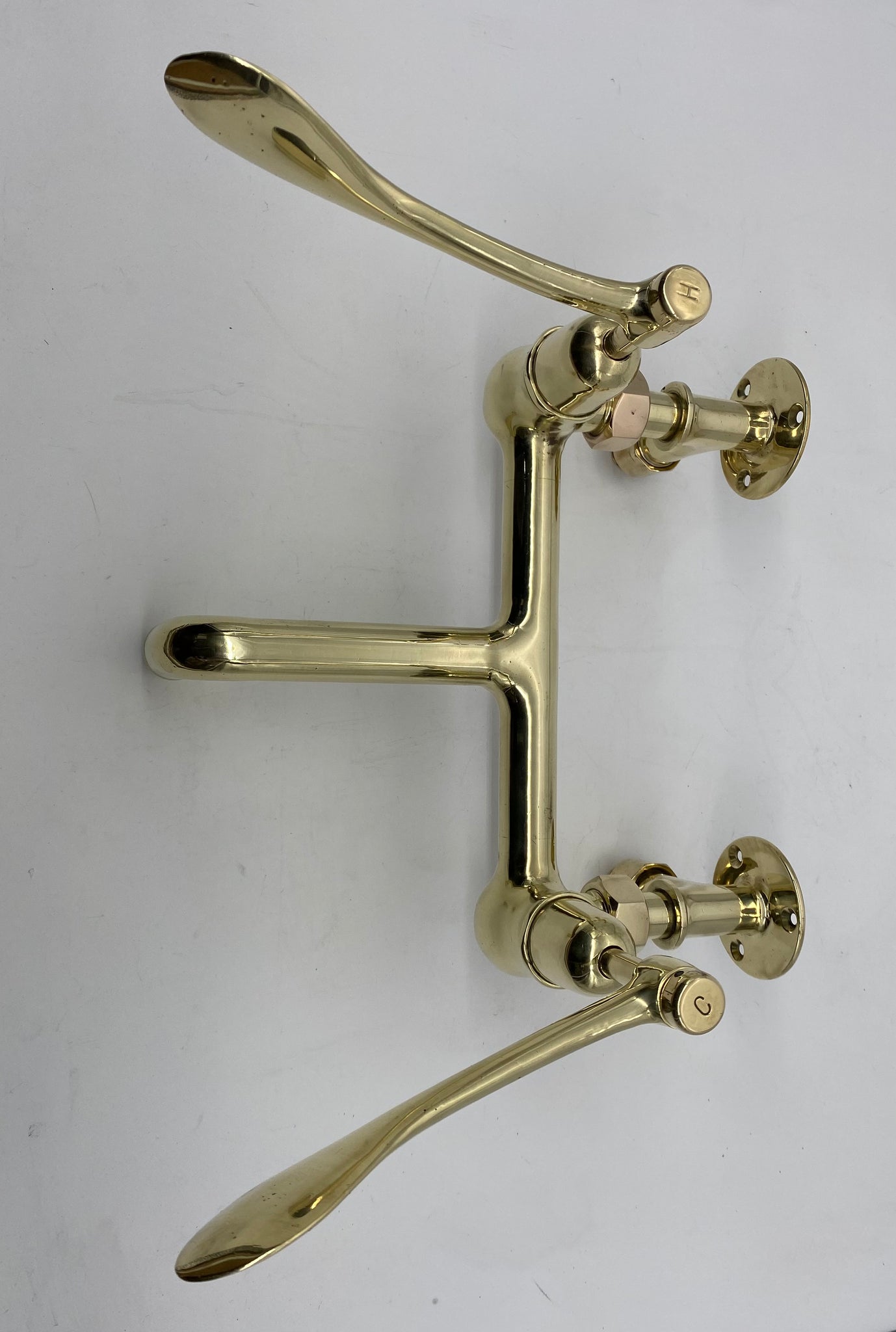 Wall-Fixing Lever-Operated Kitchen Mixer Tap in Unsealed Polished Brass C.1920