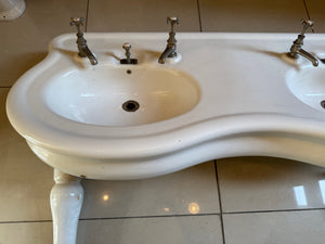 Large Vintage  Serpentine-Fronted Double Basin by Porcher, Paris C.1900 on Glazed Fireclay Legs