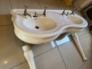 Large Vintage  Serpentine-Fronted Double Basin by Porcher, Paris C.1900 on Glazed Fireclay Legs