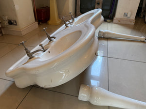 Large Vintage  Serpentine-Fronted Double Basin by Porcher, Paris C.1900 on Glazed Fireclay Legs