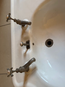 Large Vintage  Serpentine-Fronted Double Basin by Porcher, Paris C.1900 on Glazed Fireclay Legs