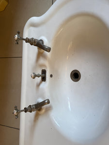 Large Vintage  Serpentine-Fronted Double Basin by Porcher, Paris C.1900 on Glazed Fireclay Legs