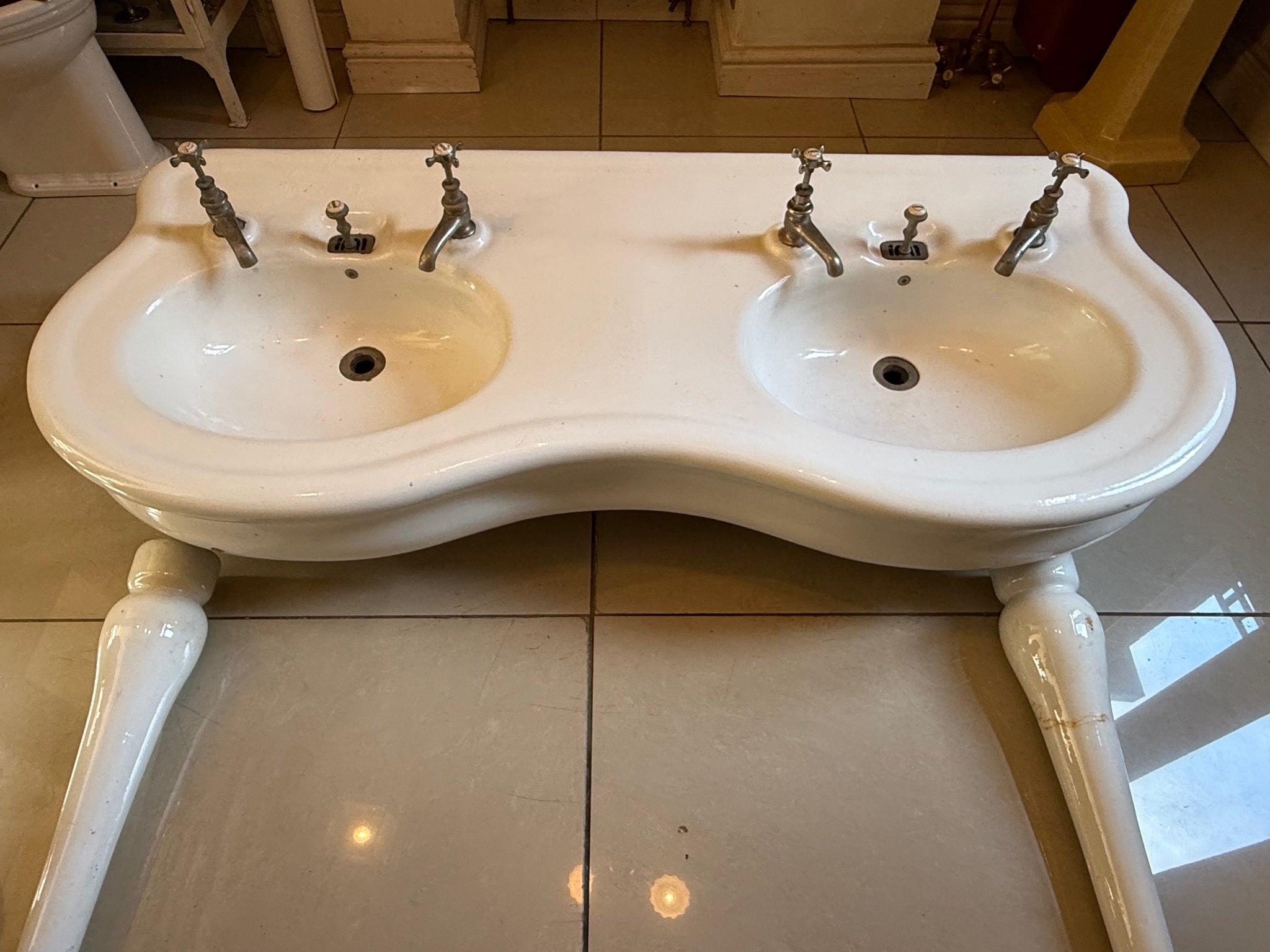 Large Vintage  Serpentine-Fronted Double Basin by Porcher, Paris C.1900 on Glazed Fireclay Legs