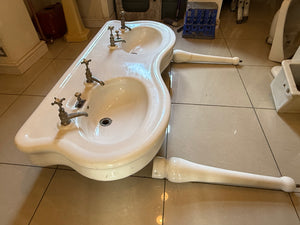 Large Vintage  Serpentine-Fronted Double Basin by Porcher, Paris C.1900 on Glazed Fireclay Legs
