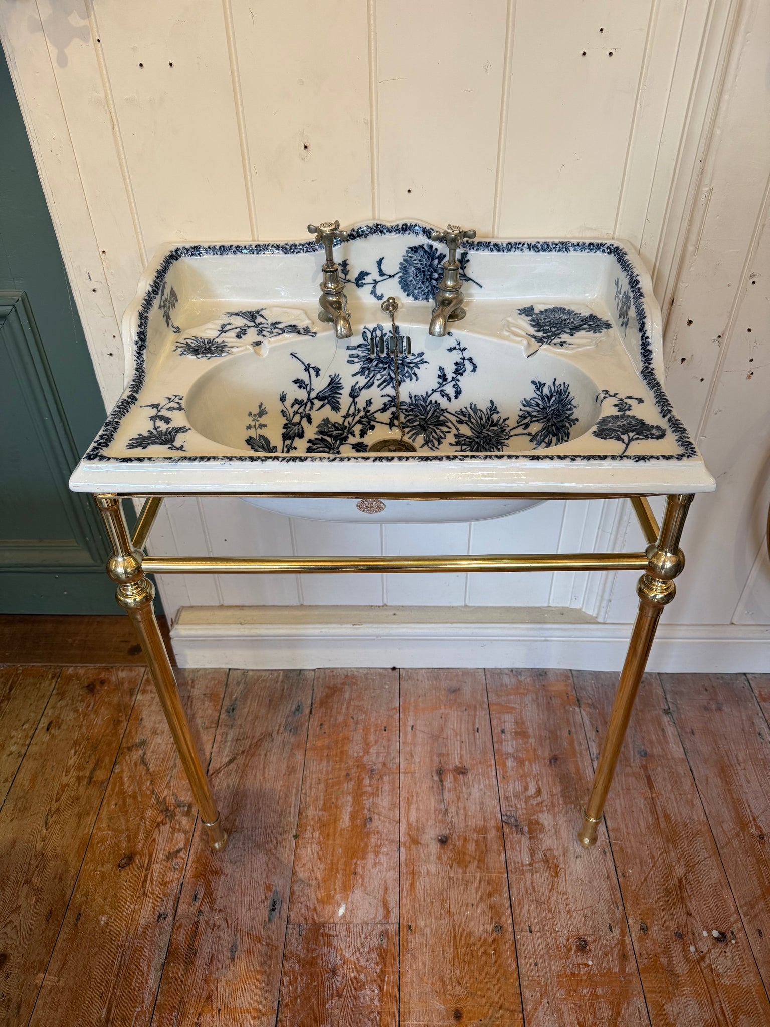 Antique Blue Transfer Basin on Antique Brass Stand by Porcher, Paris C.1880