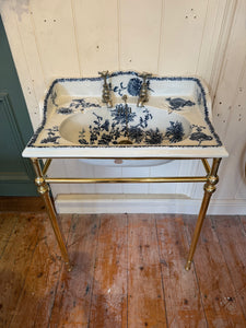 Antique Blue Transfer Basin on Antique Brass Stand by Porcher, Paris C.1880