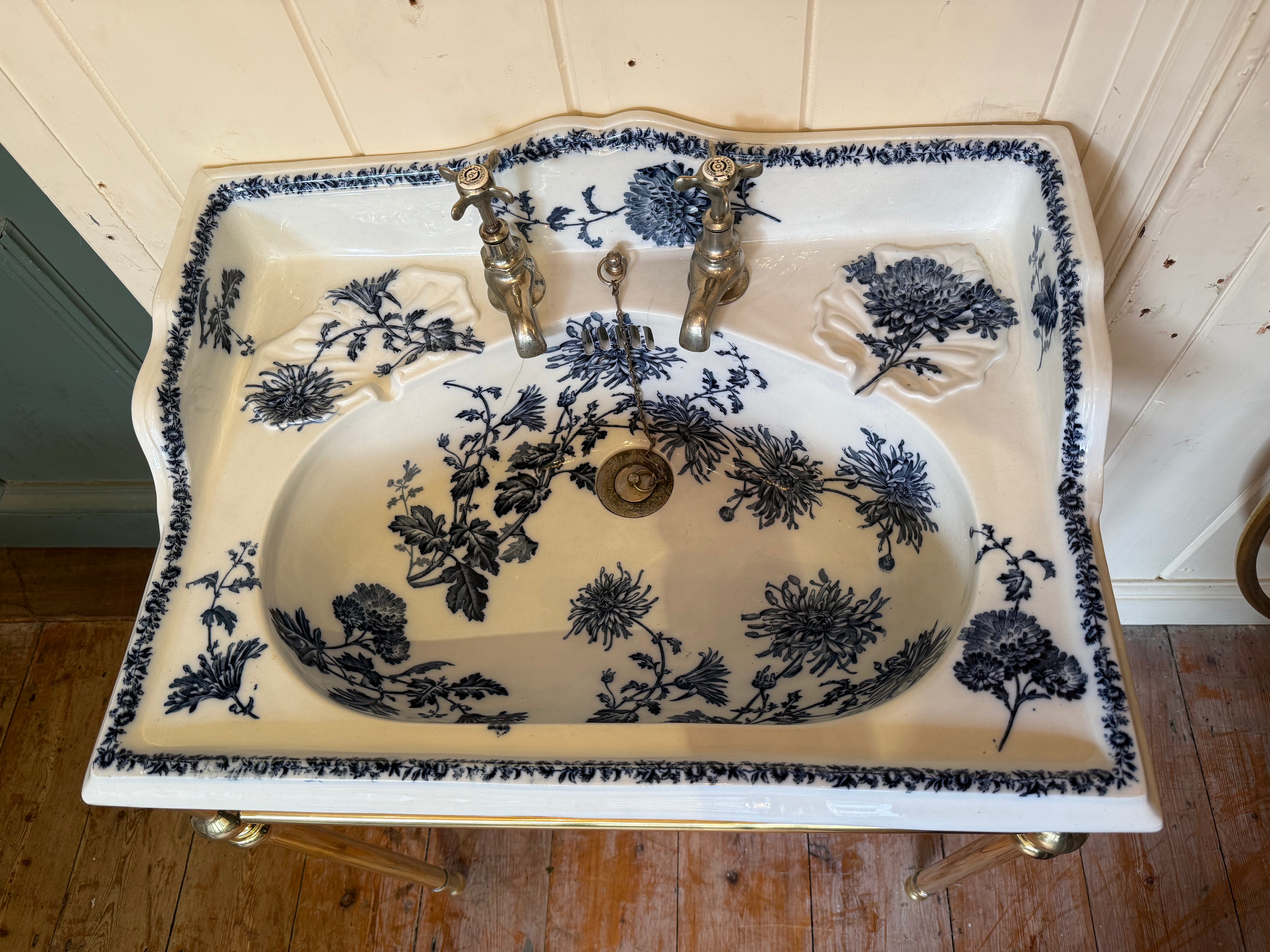 Antique Blue Transfer Basin on Antique Brass Stand by Porcher, Paris C.1880