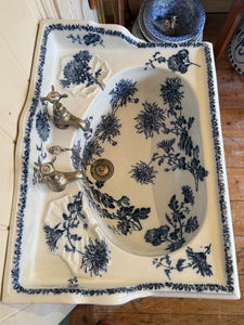 Antique Blue Transfer Basin on Antique Brass Stand by Porcher, Paris C.1880