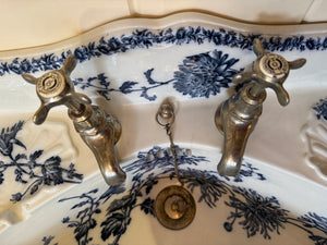 Antique Blue Transfer Basin on Antique Brass Stand by Porcher, Paris C.1880