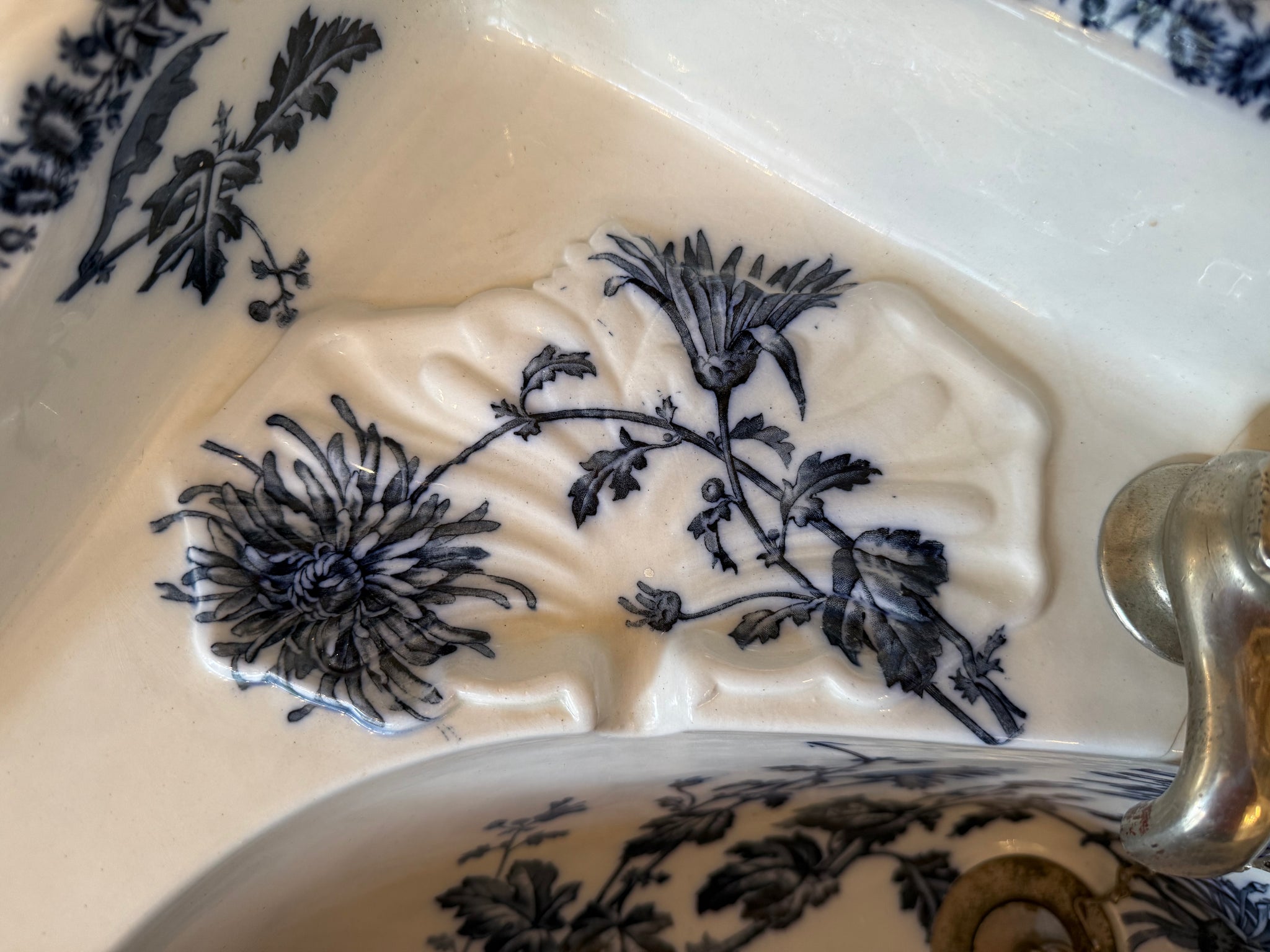 Antique Blue Transfer Basin on Antique Brass Stand by Porcher, Paris C.1880