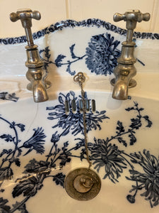 Antique Blue Transfer Basin on Antique Brass Stand by Porcher, Paris C.1880