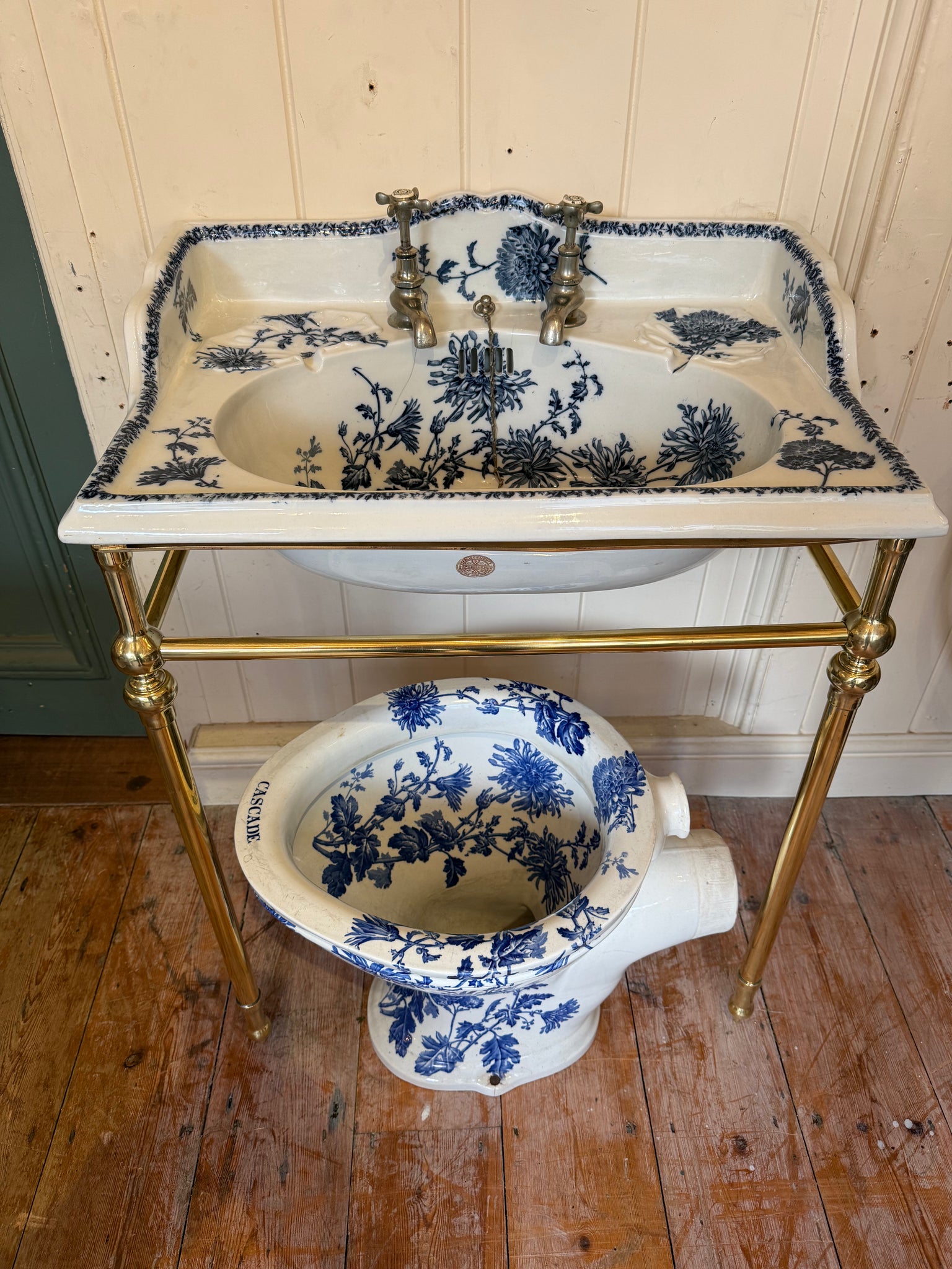 Antique Blue Transfer Basin on Antique Brass Stand by Porcher, Paris C.1880