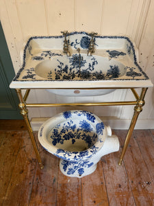 Antique Blue Transfer Basin on Antique Brass Stand by Porcher, Paris C.1880