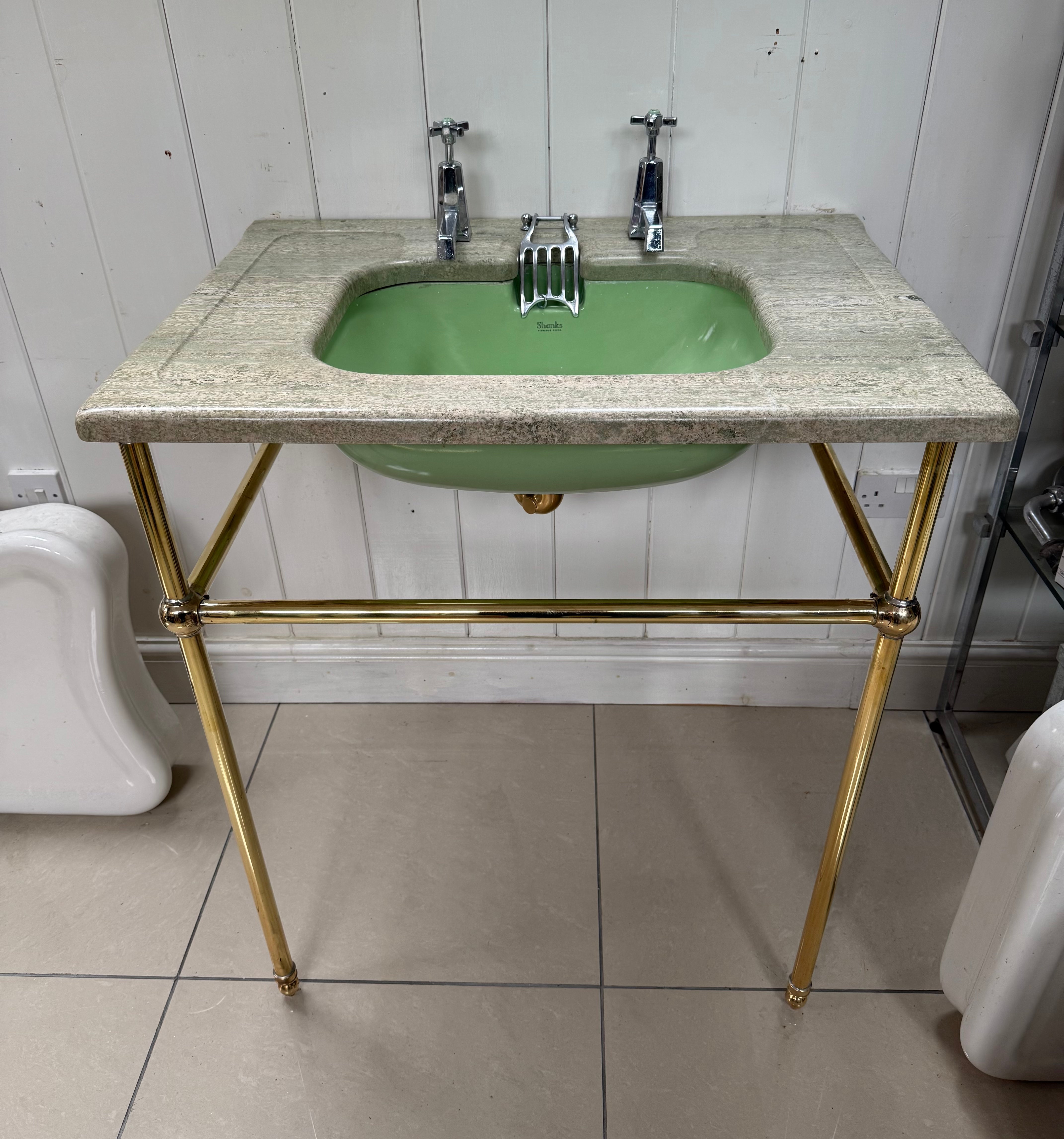 Art Deco Marble Console Vanity Basin by Shanks & Co C.1920 and Brass Stand.