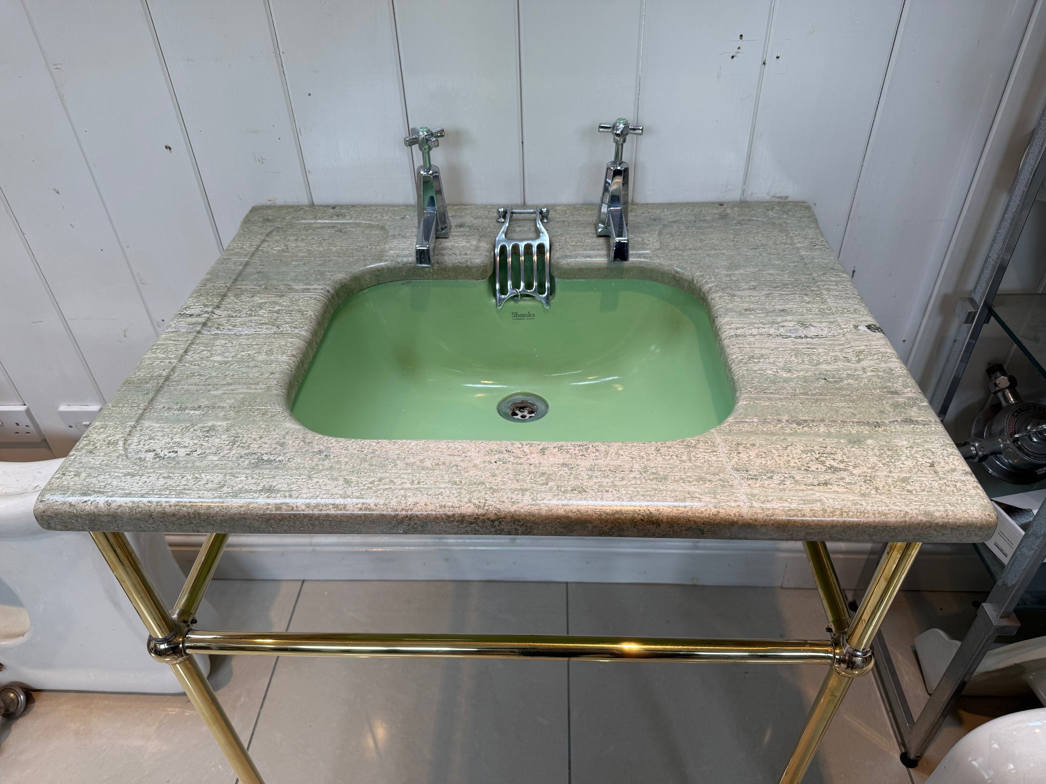 Art Deco Marble Console Vanity Basin by Shanks & Co C.1920 and Brass Stand.