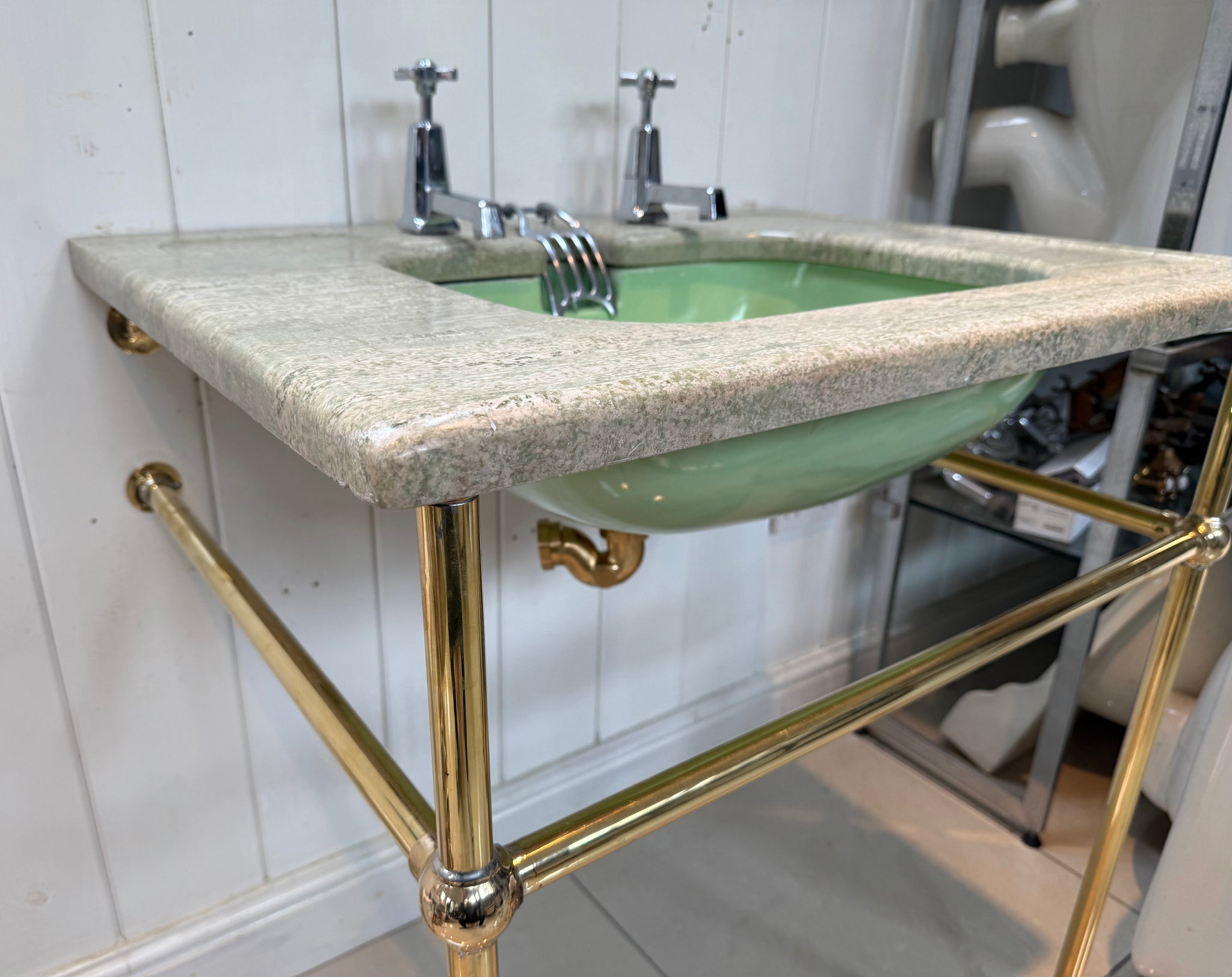 Art Deco Marble Console Vanity Basin by Shanks & Co C.1920 and Brass Stand.