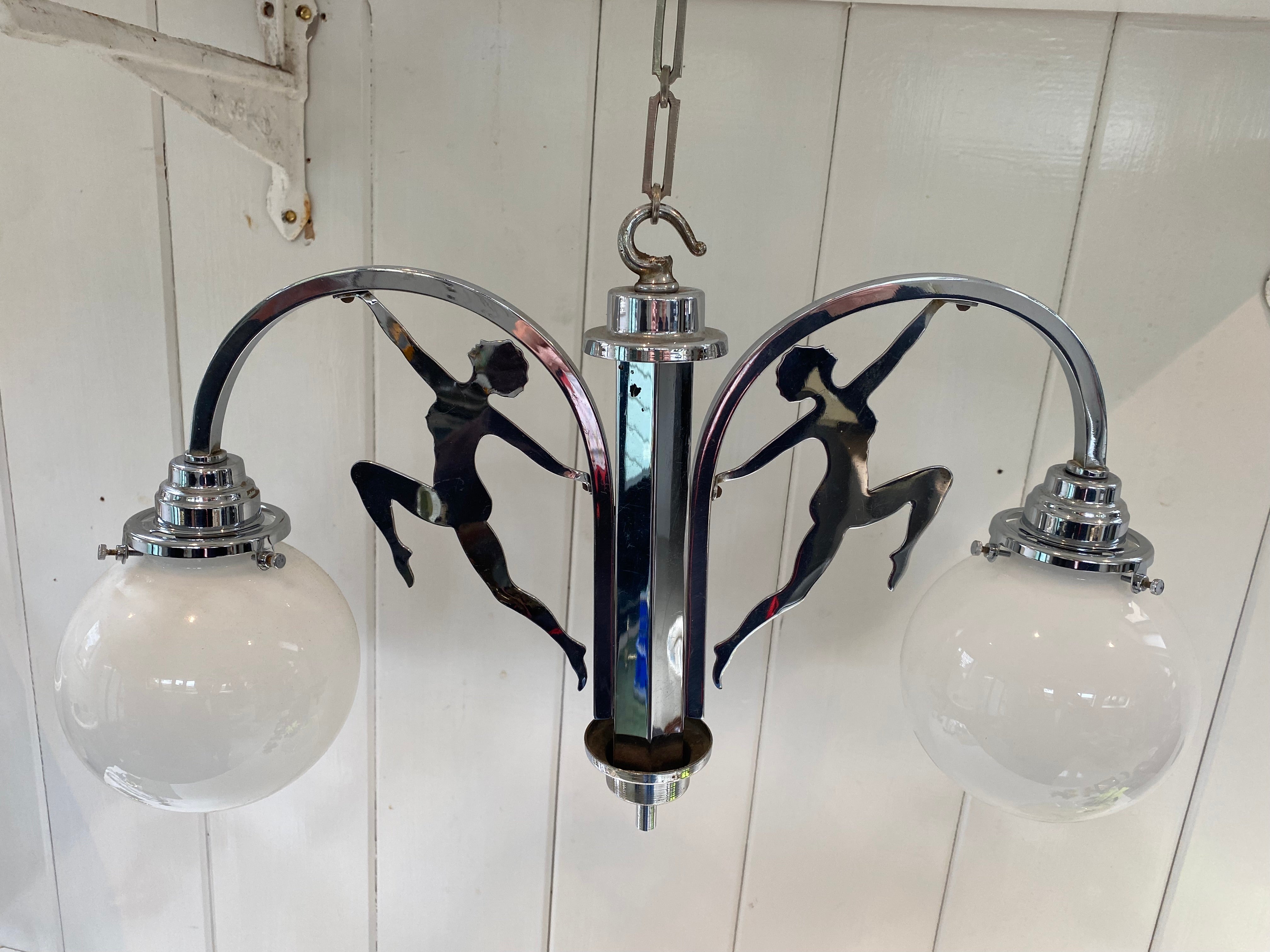 Art Deco 2 Arm Hanging Lamp C.1930 in Original Chrome Plate