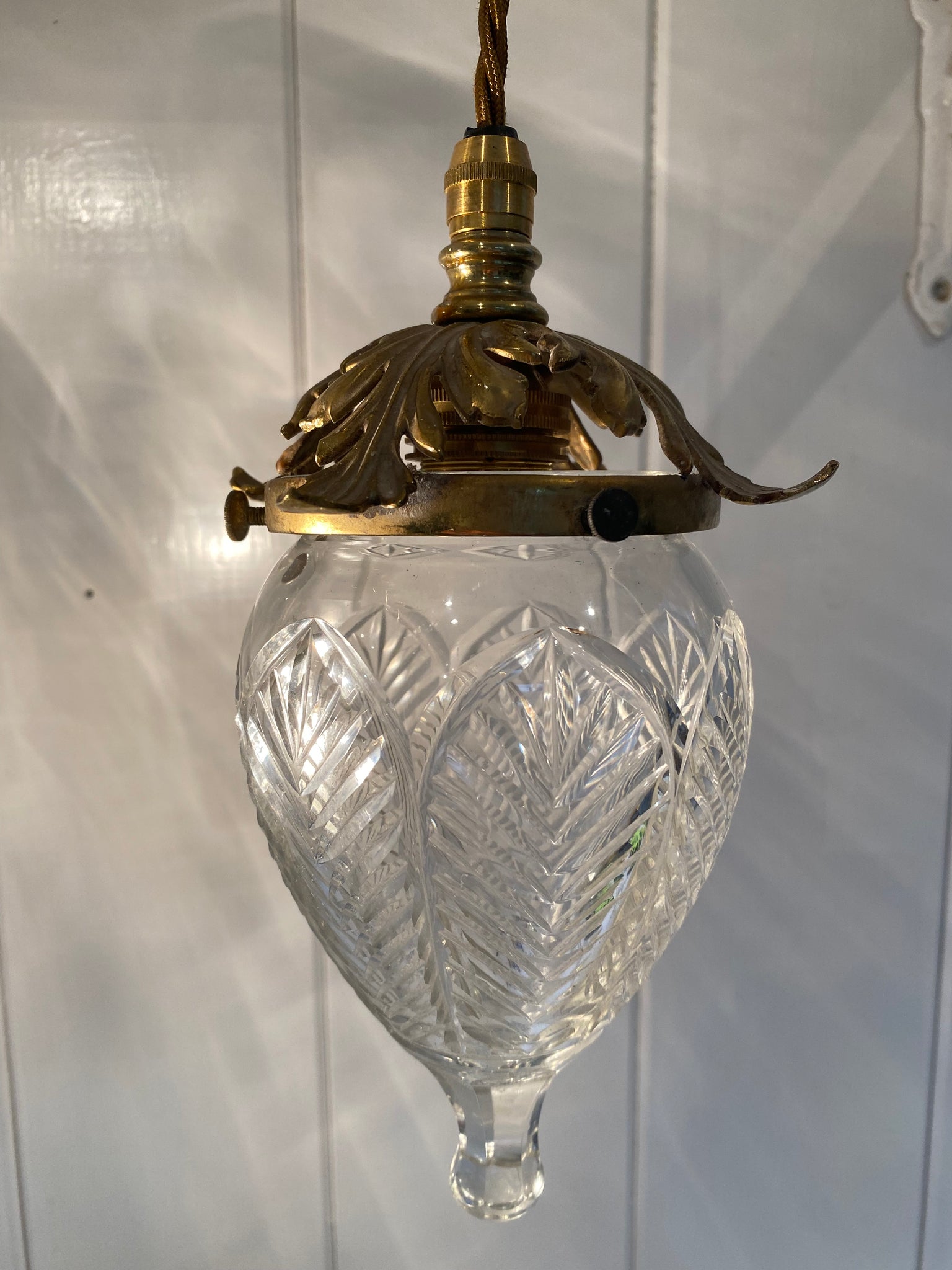 A Pair of Cut Crystal Pineapple Lampshades C.1910 with Original Antique Brass Galleries